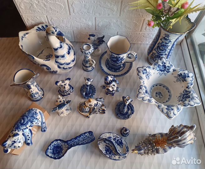 Коллекция Гжель, Посуда Гжель. Ваза.Чашка, фигурки