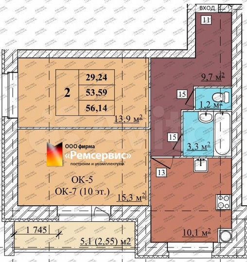 2-к. квартира, 56,1 м², 10/10 эт.