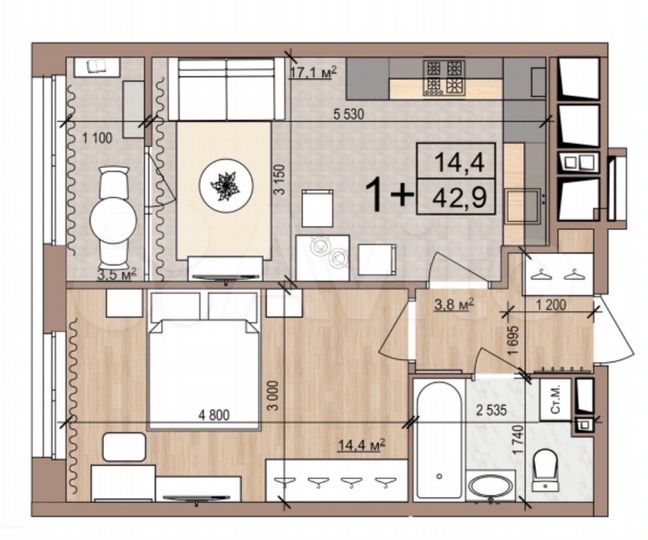 1-к. квартира, 42,9 м², 5/25 эт.