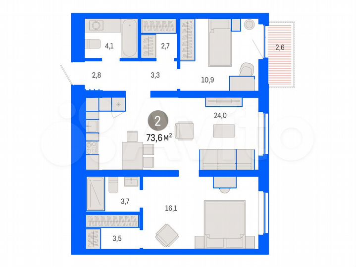 2-к. квартира, 73,6 м², 7/16 эт.