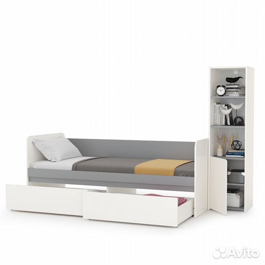 Кровать с ящиками Торонто со стеллажом, цвет белый шагрень/стальной серый, шхгхв 234х84,4х149,7 см