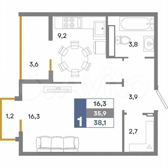 1-к. квартира, 38,1 м², 6/14 эт.