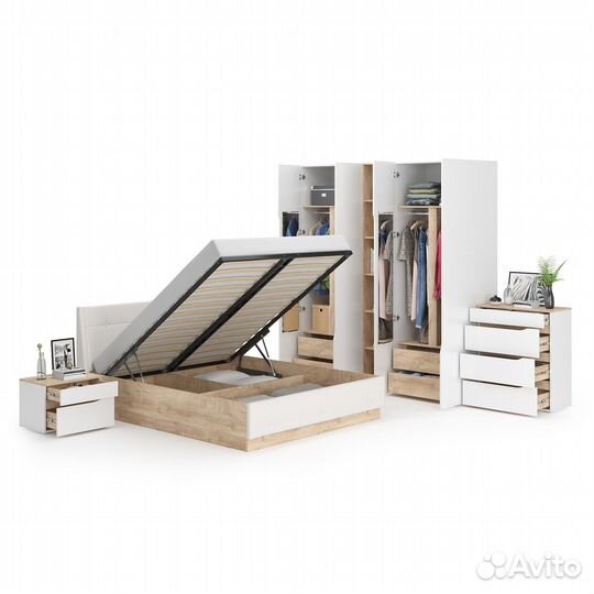 Мебель в спальню Муссон № 5 цвет белый/дуб эндгрейн элегантный/искусственная кожа белая, кровать с п