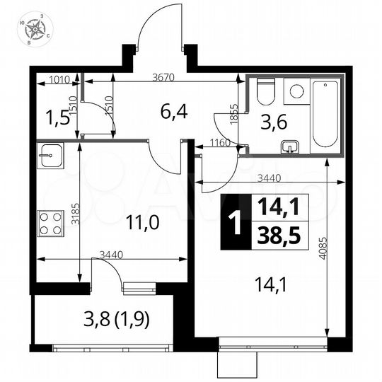 1-к. квартира, 38,5 м², 17/22 эт.