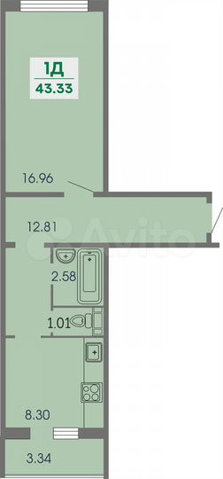 1-к. квартира, 43,3 м², 2/10 эт.