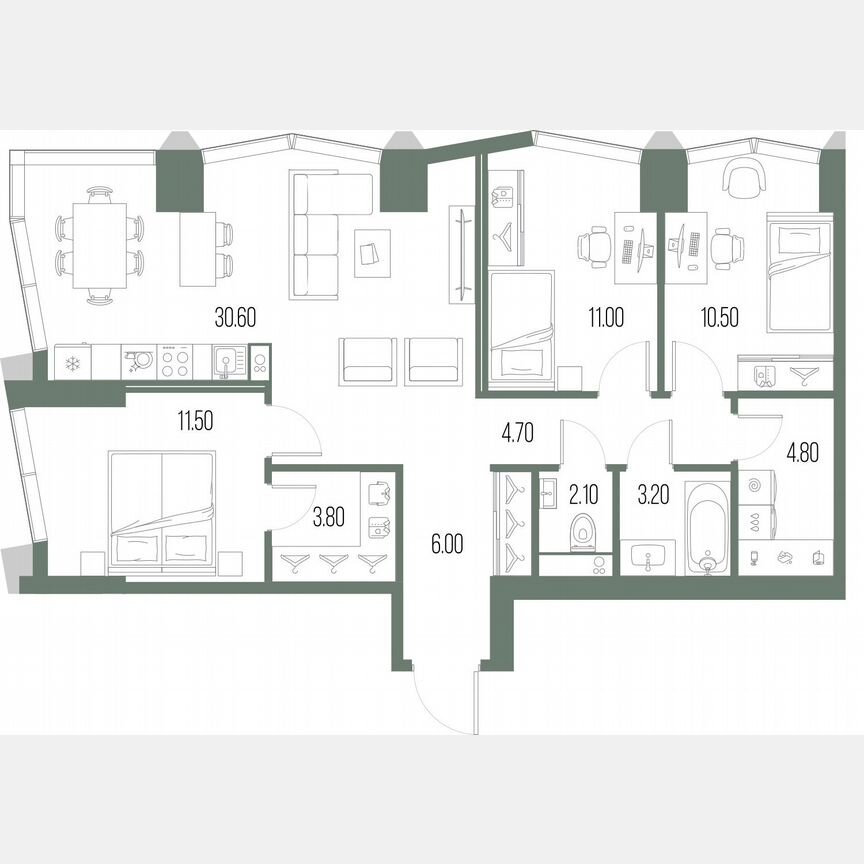 3-к. квартира, 88,2 м², 3/58 эт.