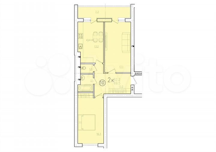 2-к. квартира, 69,5 м², 1/10 эт.
