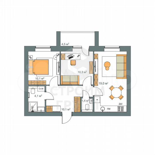 2-к. квартира, 57,3 м², 4/9 эт.