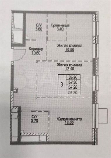 2-к. квартира, 57,2 м², 7/17 эт.