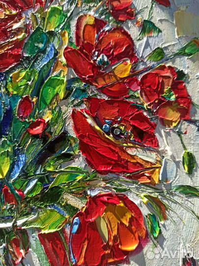 Маки картина маслом цветы в вазе холст 30х30 см