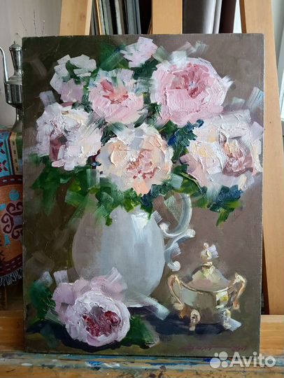 Картина маслом розы. Букет роз в кувшине