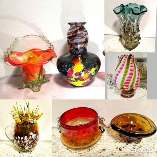 Вазы гутное, цветное стекло