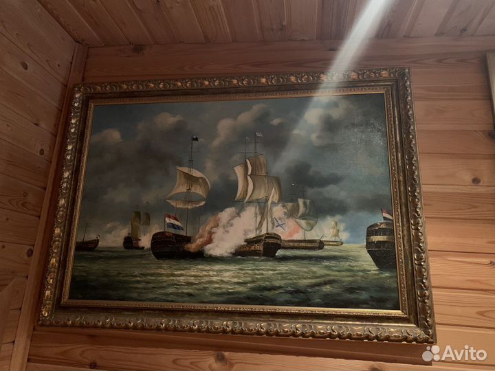 Картина холст масло Морской бой. 20в