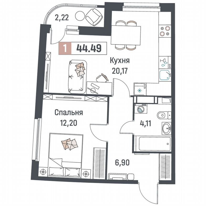 1-к. квартира, 44,5 м², 4/18 эт.