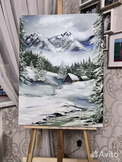 Зима в горах, картина маслом