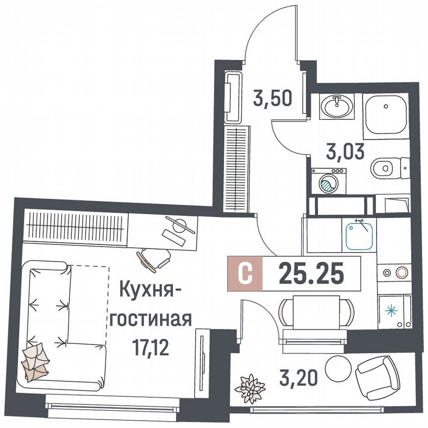 Квартира-студия, 25,3 м², 18/18 эт.