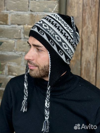 Мужская шапка Перу шерсть альпака Чульо двусторонняя цвет серо-черный