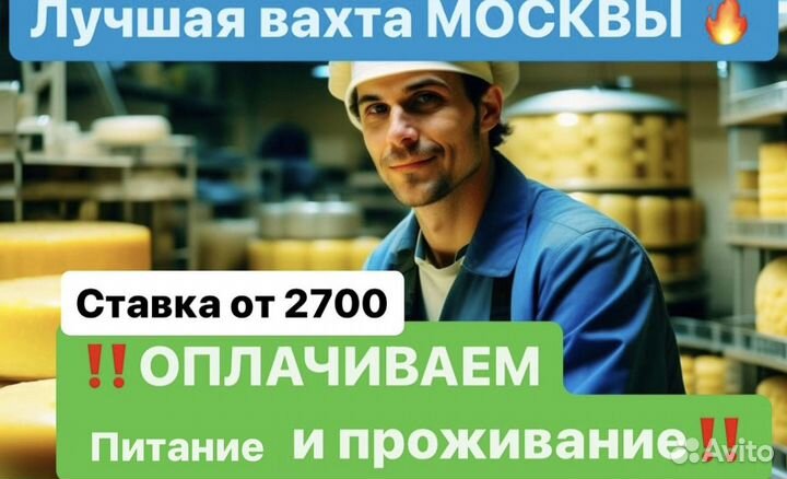 Грузчик Москва. Работа Вахта(20/35)дней Завод сыра