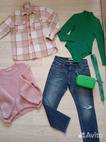 Джинсы Zara, рубашка тёплая Ostin, боди, сумка