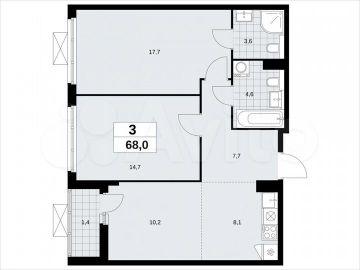 3-к. квартира, 68 м², 16/19 эт.