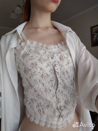 Топ корсет белый с цветочками