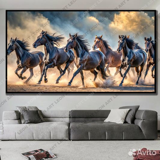 Картина эффектная с благородными лошадями конями