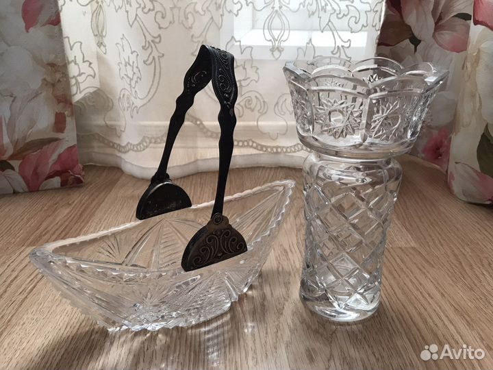 Набор 2 шт Хрусталь ваза конфетница с ручкой СССР