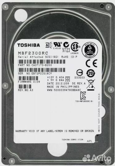 Серверный жёсткий диск, HDD, Toshiba, MBF2300RC, SAS, 2,5