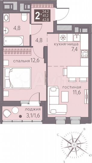 2-к. квартира, 42,8 м², 9/16 эт.