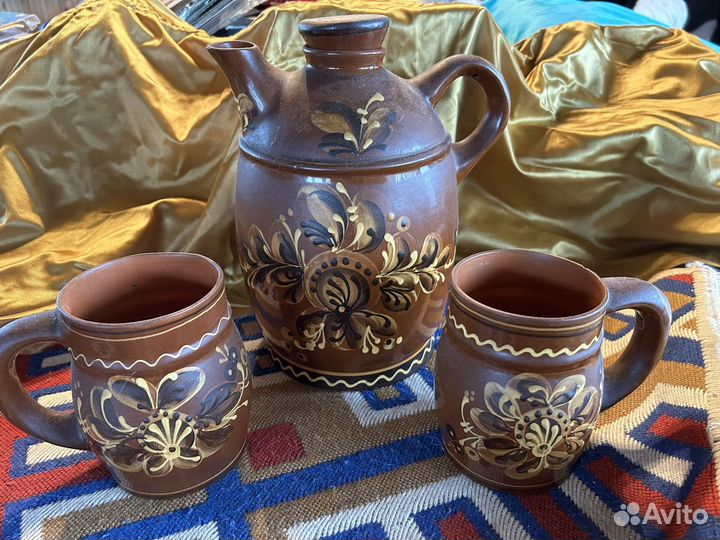 Глиняный кувшин и 2 кружки. Набор