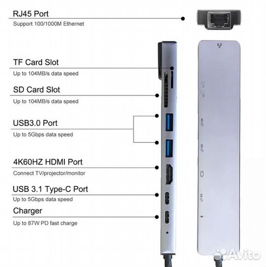Usb type-c hub 8 в 1 хаб для MacBook и Windows