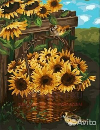 Картина по номерам 40x50 Воробьи возле корзины с п