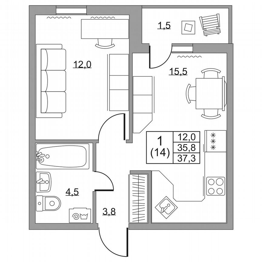 1-к. квартира, 37,3 м², 1/8 эт.