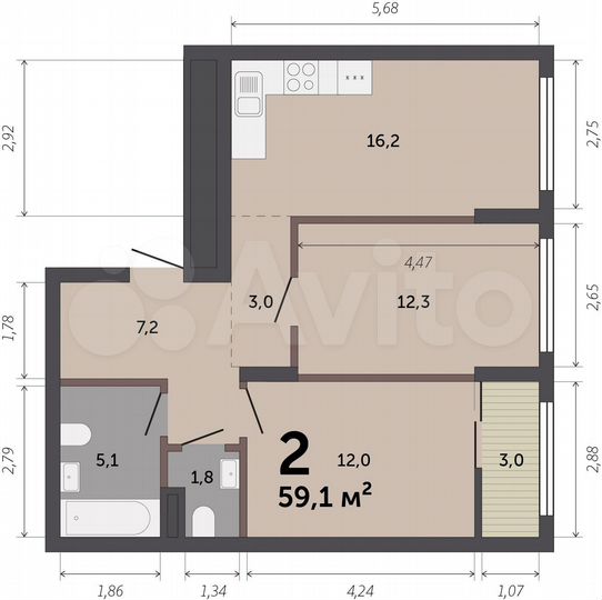 2-к. квартира, 59,1 м², 2/17 эт.