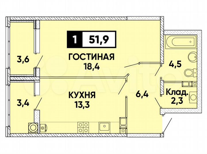 1-к. квартира, 52 м², 8/24 эт.