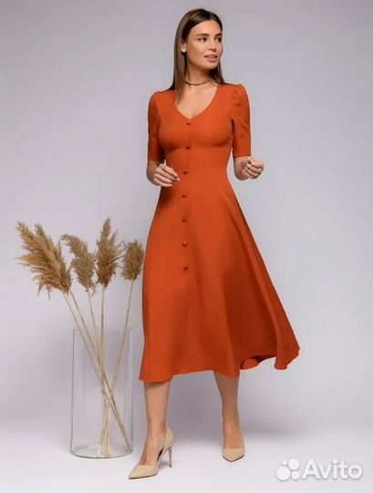 Платье терракотовое приталенное клеш летнее 48