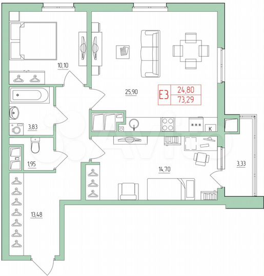 2-к. квартира, 73,5 м², 17/26 эт.