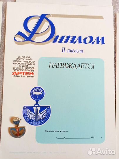 Медаль с дипломом пионерский лагерь Артек значок