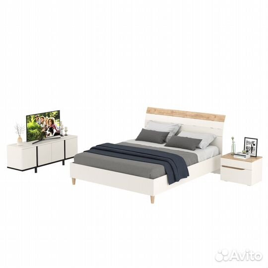 Прикроватная тумба Муссон с кроватью 11.41 с основанием 1600 и TV-тумбой 13.276 белый/чёрный/дуб энд