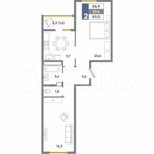 2-к. квартира, 59 м², 4/14 эт.