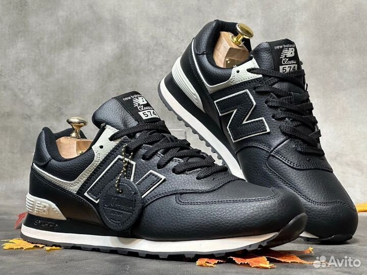 Мужские чёрные кожаные кроссовки New Balance 574