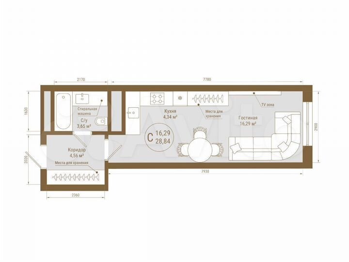 Квартира-студия, 28,8 м², 24/25 эт.