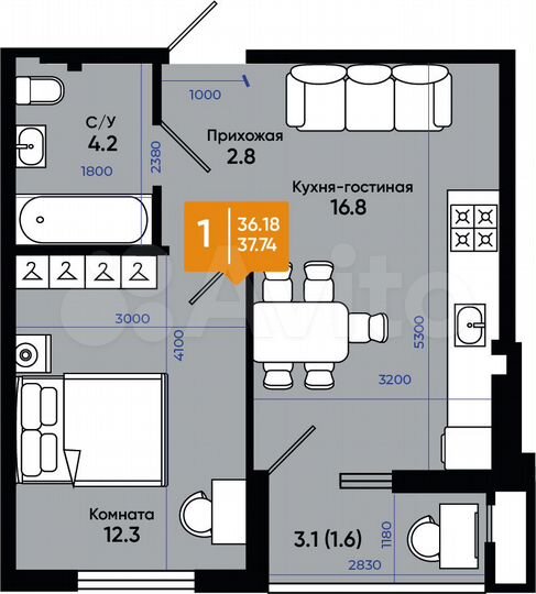1-к. квартира, 37,7 м², 1/9 эт.