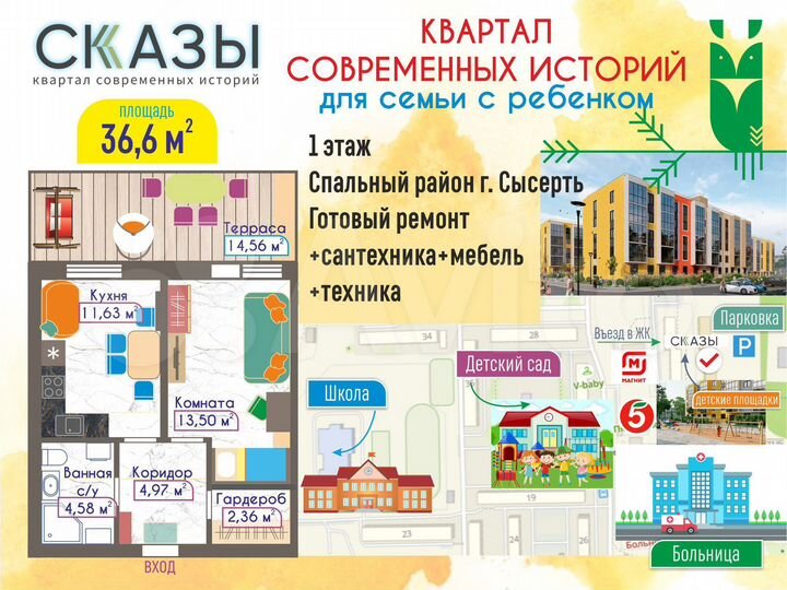 1-к. квартира, 36,6 м², 1/5 эт.