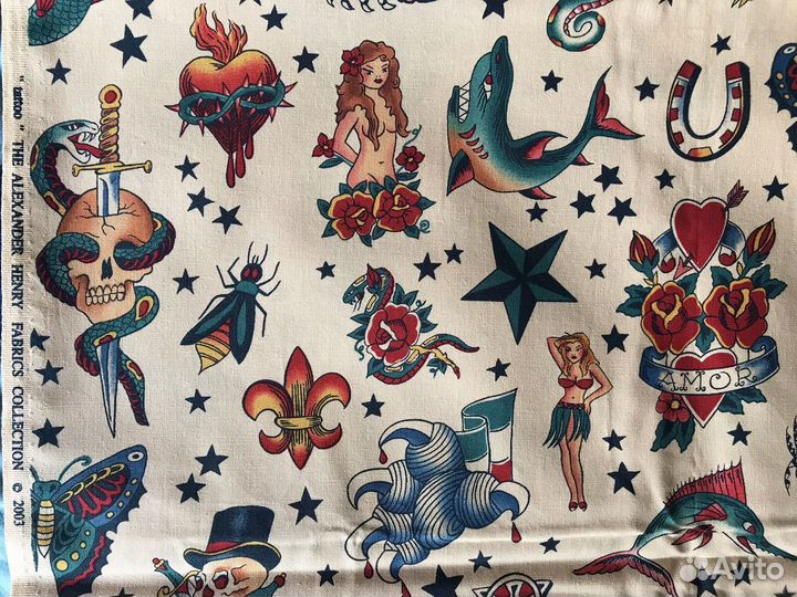 Ткань англия, винтажная, с тату орнаментом