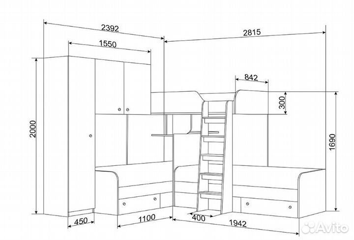 Кровать детская для троих детей со шкафом Сонома/Д
