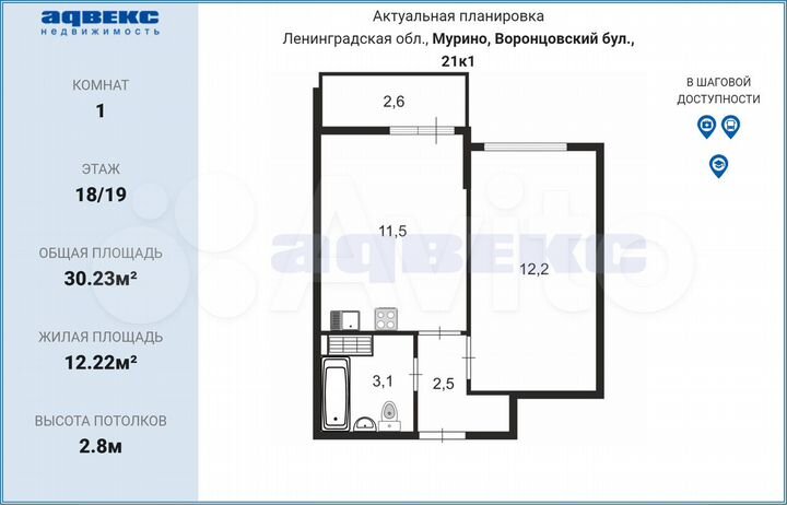 1-к. квартира, 30,2 м², 18/19 эт.