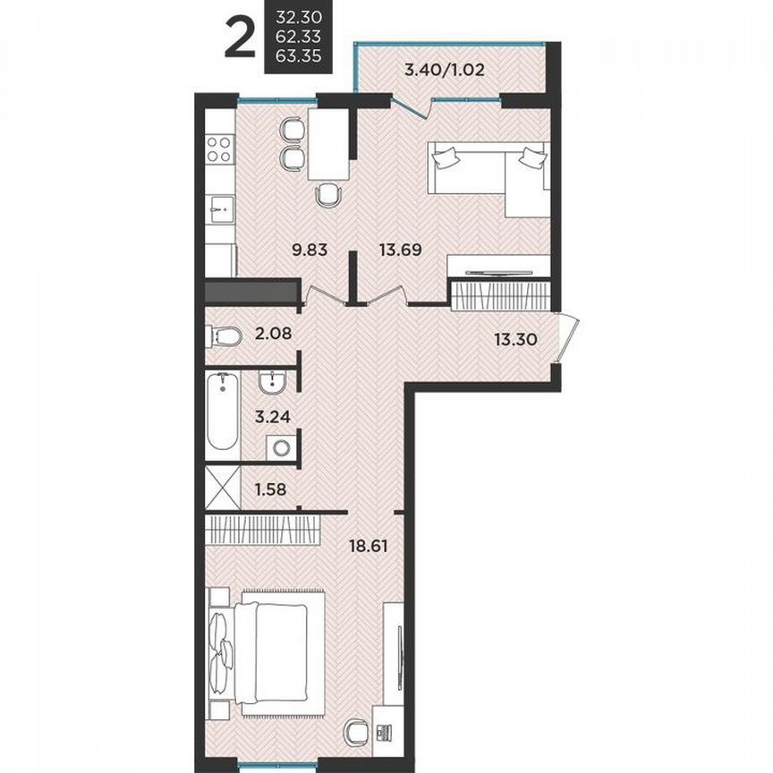 2-к. квартира, 63,3 м², 2/3 эт.