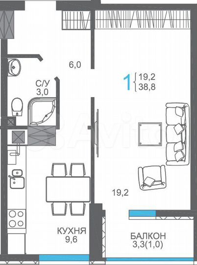 1-к. квартира, 41,4 м², 8/9 эт.