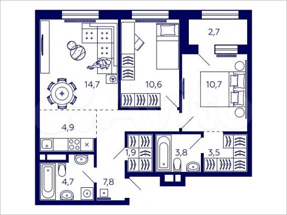 2-к. квартира, 64 м², 6/20 эт.